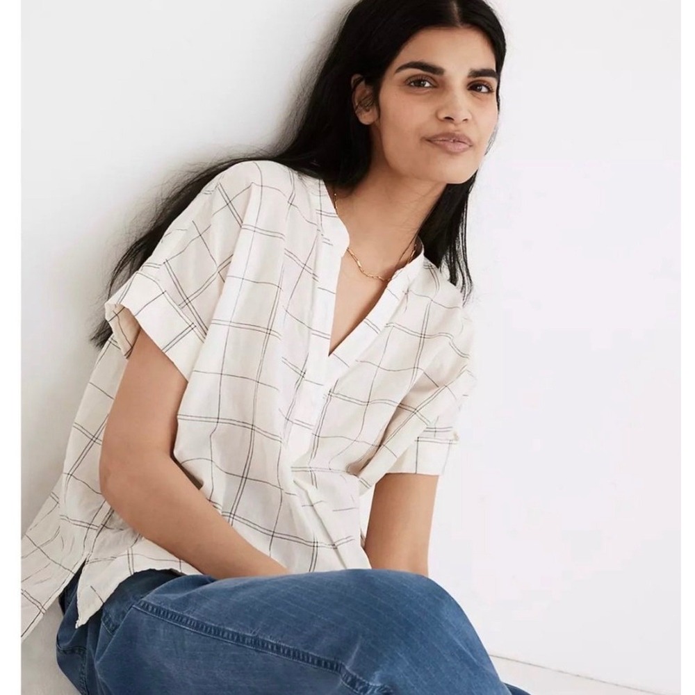Oversized Madewell Windowpane Plaid Central V-Neck Shirt XXS Short‎ Sleeve